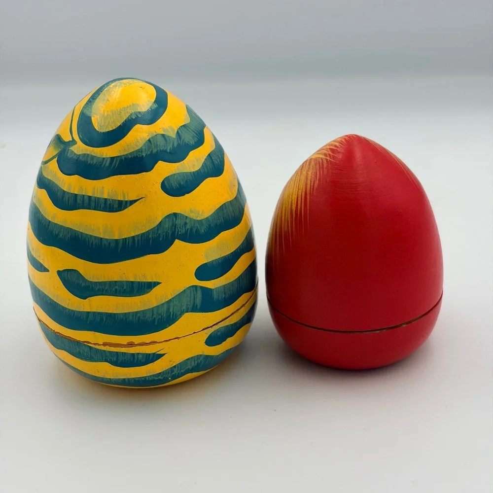 Vintage Hand Painted Wooden Nesting Egg Set Tiger and Lion Safari Folk Art 2pc